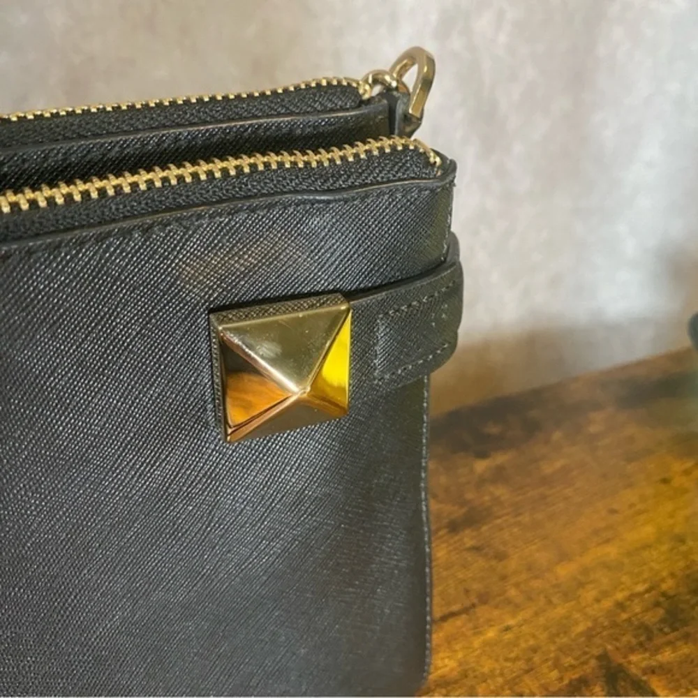 Michael Kors Karla East West Leather Crossbody Bag Black and‎ Gold